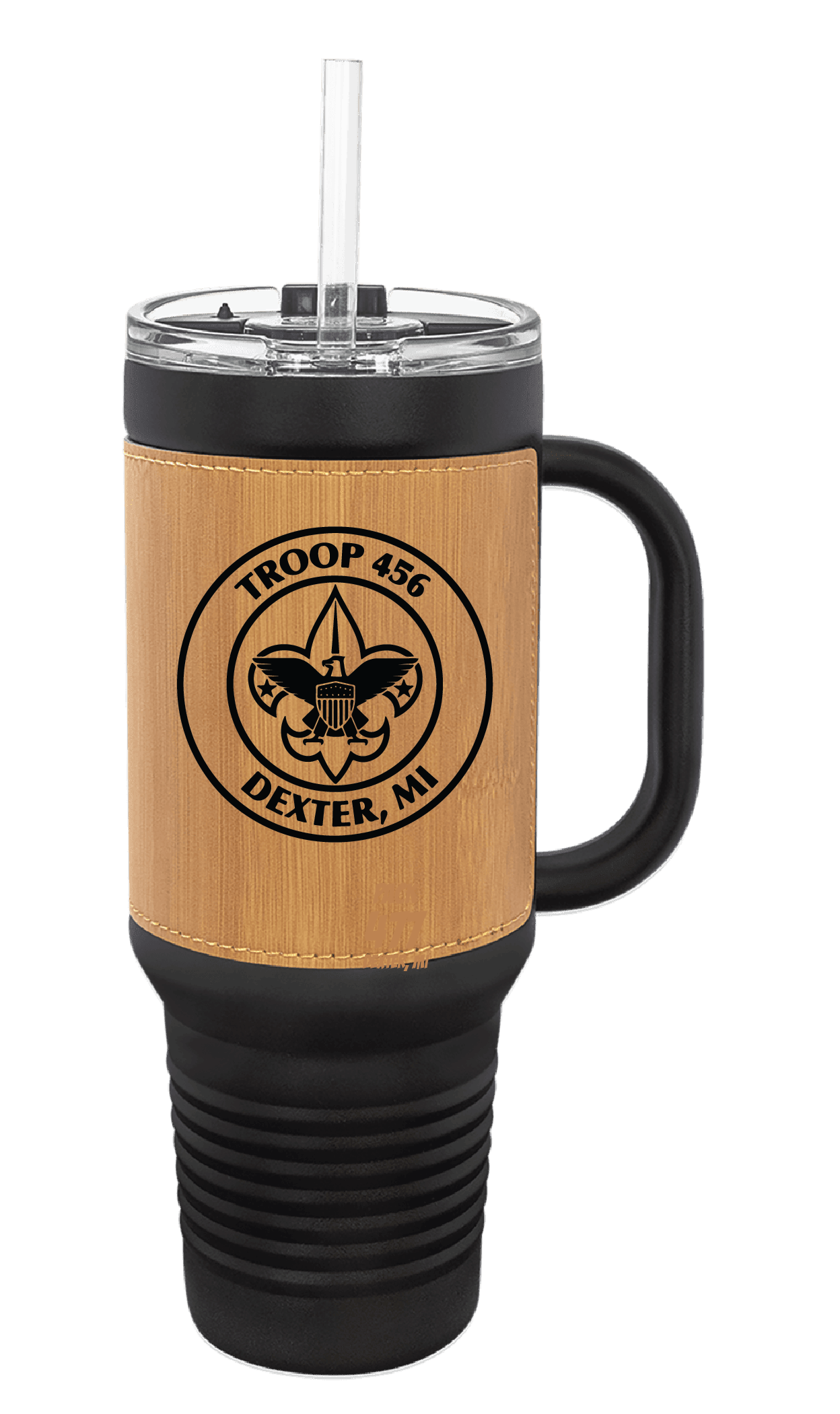 Troop 456 Engraved 40oz Woodgrain Leatherette Tumbler