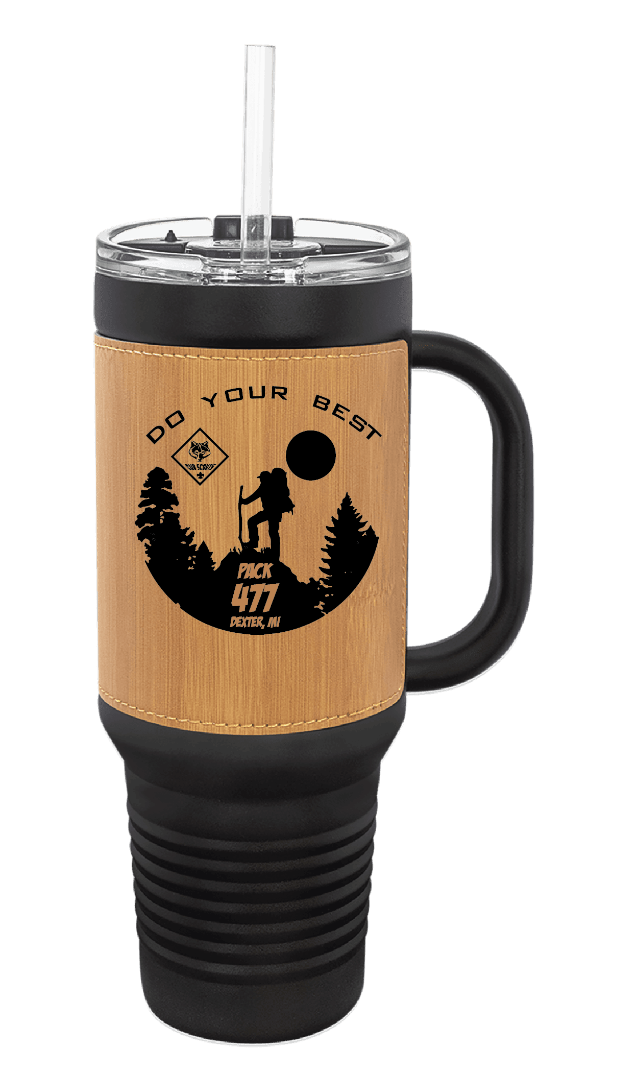 Pack 477 Engraved 40oz Woodgrain Leatherette Tumbler